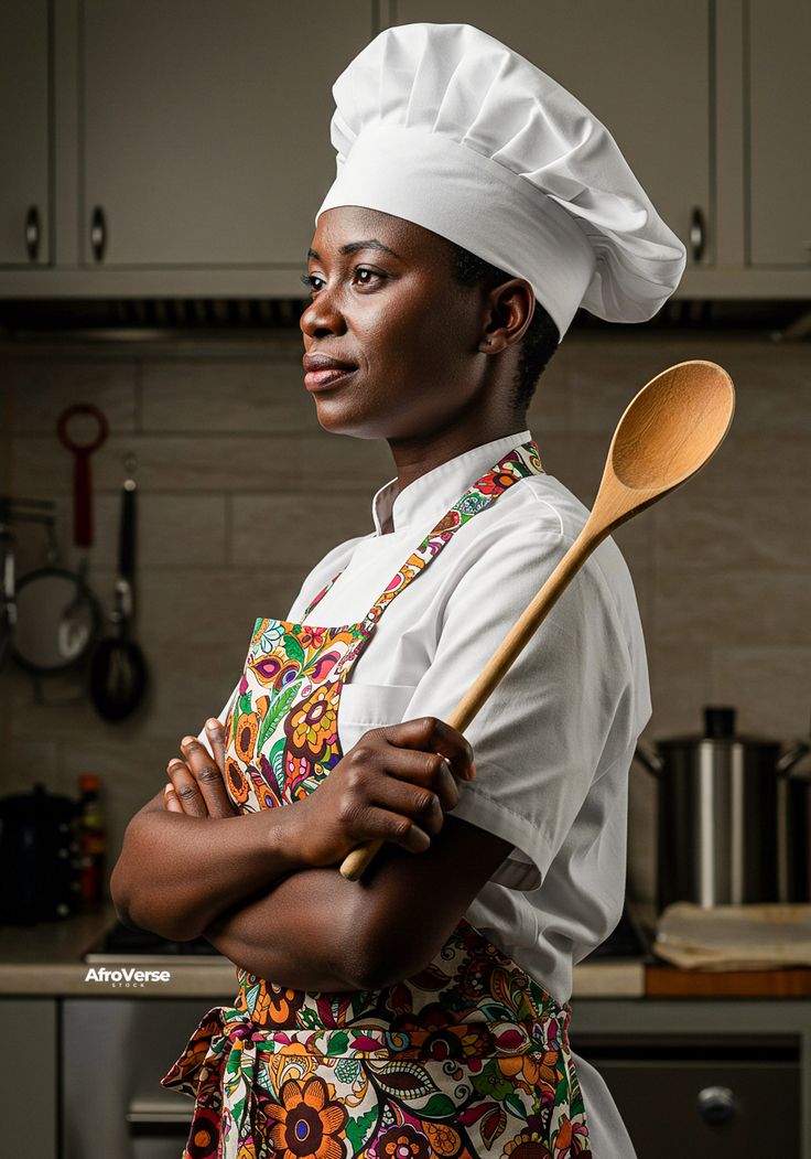 Side Shot of an African Female Chef holding wooden spoon in a modern kitchen